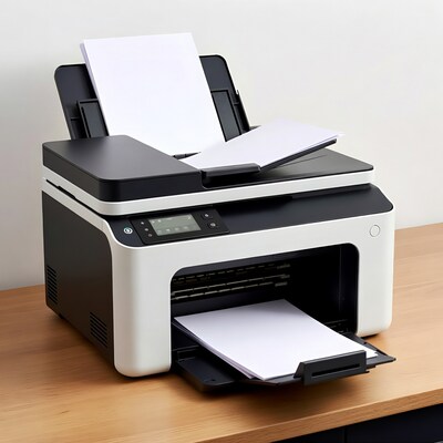 Printer with paper on wooden desk