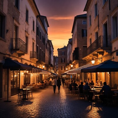 Evening street with outdoor cafes
