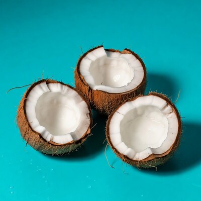 Halved coconuts on blue background