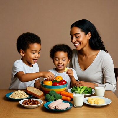 Mother and children with healthy food