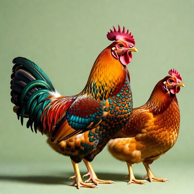 Colorful rooster and hen standing together