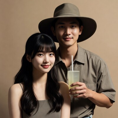 Asian couple posing with drink