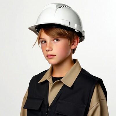 Boy wearing white hard hat