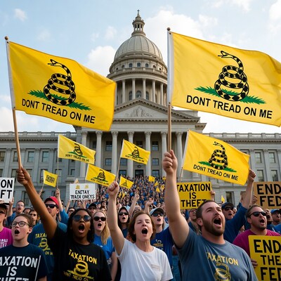 Protesters with Gadsden flags at capitol