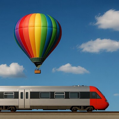 Rainbow hot air balloon over train
