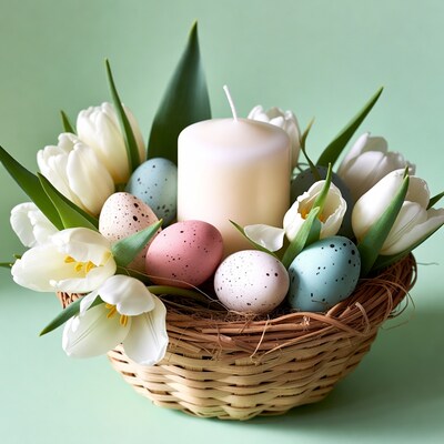 Easter basket with eggs and flowers