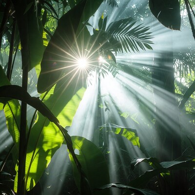 Sunlight rays through jungle leaves