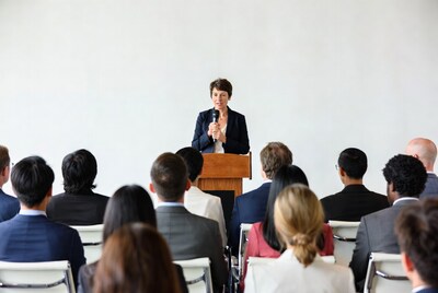 Woman speaking at podium to audience