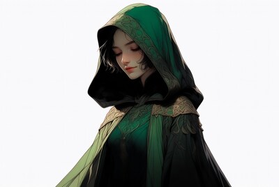 Woman in green hooded cloak