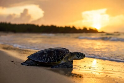 Sea turtle on beach at sunset