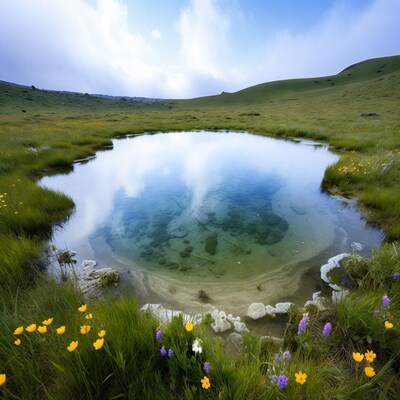 Clear pond in green meadow