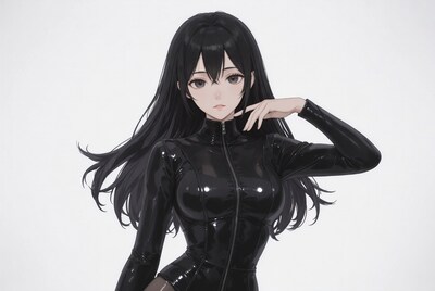 Woman in black latex catsuit