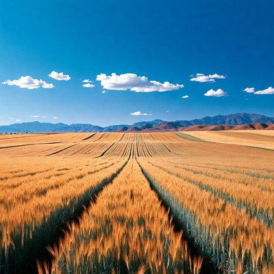 Golden wheat field under blue sky