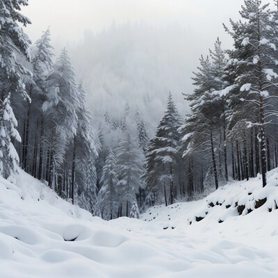 Snowy forest path in winter