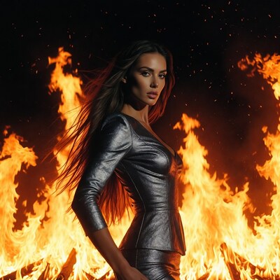 Woman in black leather dress with fire