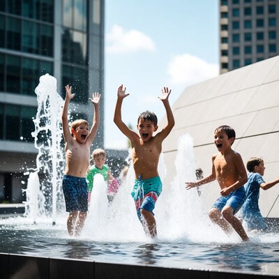 Boys playing in water fountain