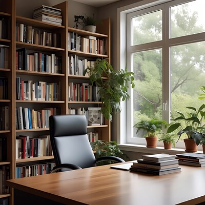 Office desk with bookshelves and window