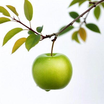 Green apple hanging from branch