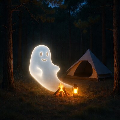 Glowing ghost by campfire