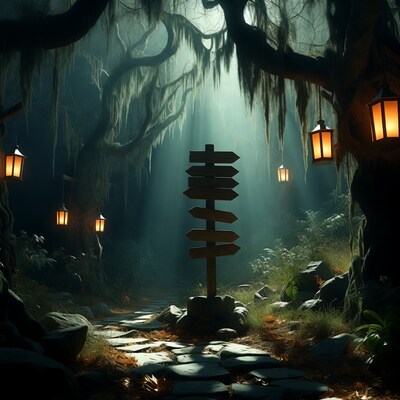 Wooden signpost in enchanted forest