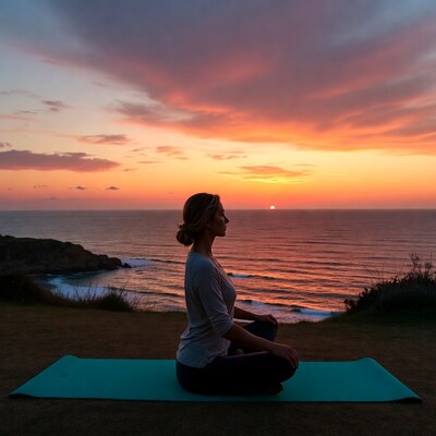 Woman meditating at sunset by ocean