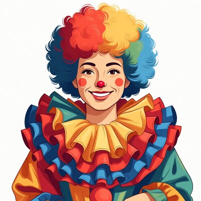 Smiling female clown with colorful wig