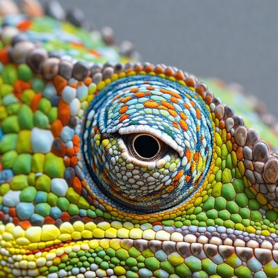 Colorful chameleon eye close up