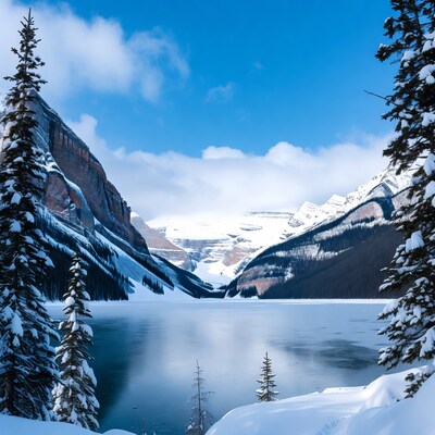 Snowy mountain lake landscape
