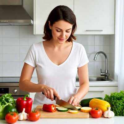 Woman chopping vegetables in kitchen