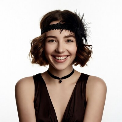 Smiling woman with flapper headband