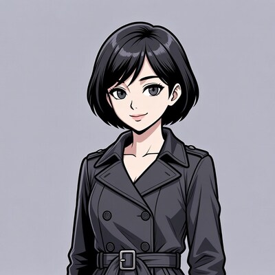 Anime woman in black trench coat