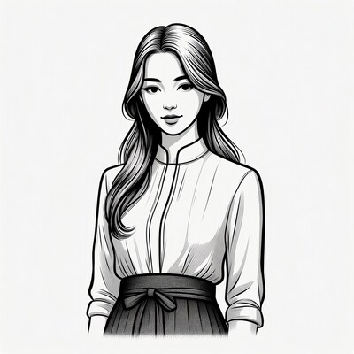 Asian woman in blouse and skirt