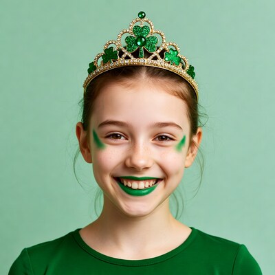 Girl wearing green shamrock crown