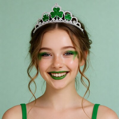Young woman wearing green shamrock crown