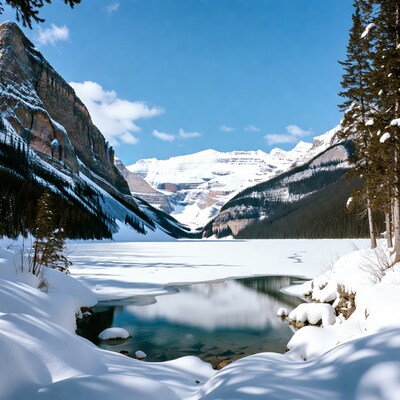 Snowy mountain lake landscape