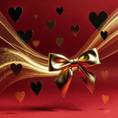Golden bow with hearts on red