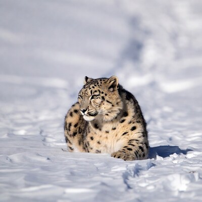 Snow leopard resting in snow