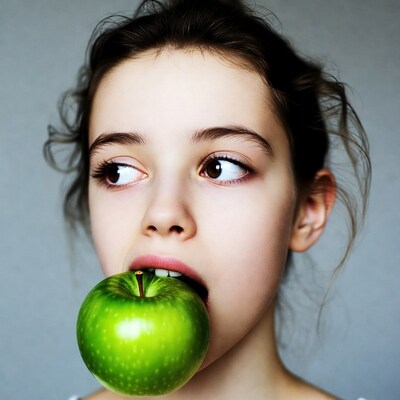 Girl biting green apple