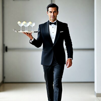 Man in tuxedo holding drinks tray