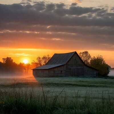 Barn at sunrise in misty field