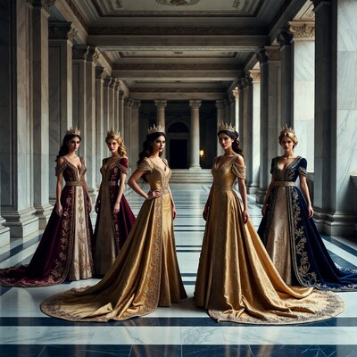 Five women in royal gowns