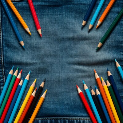 Colored pencils on blue denim
