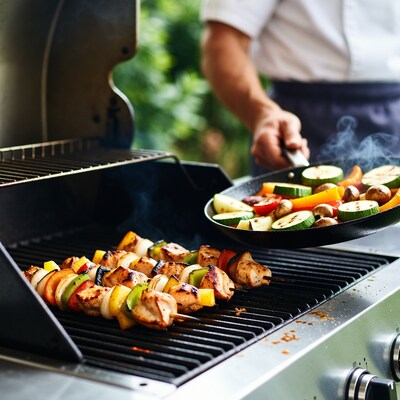 Grilled chicken and vegetable skewers