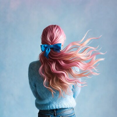 Woman with pink hair and blue bow