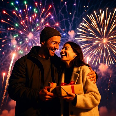 Couple holding gift under fireworks