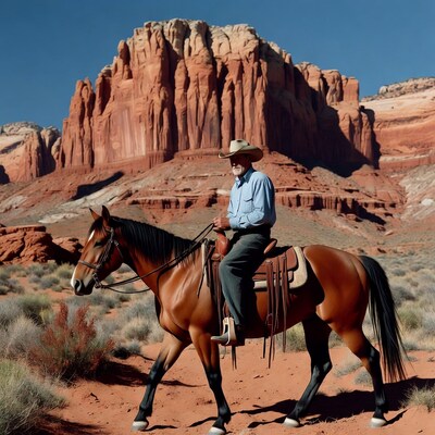 Cowboy riding horse in desert