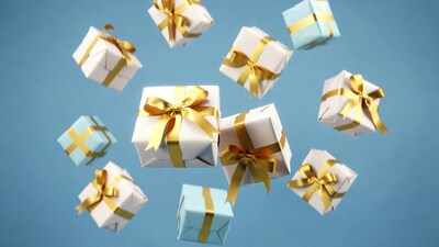 Floating gift boxes with gold ribbons