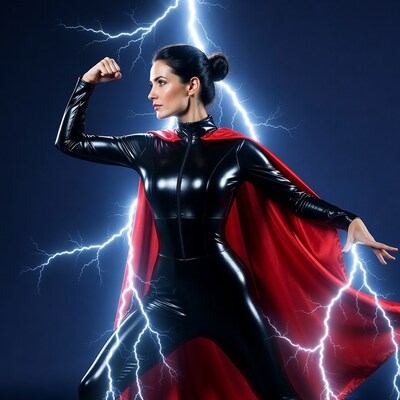 Woman in black superhero costume with red cape