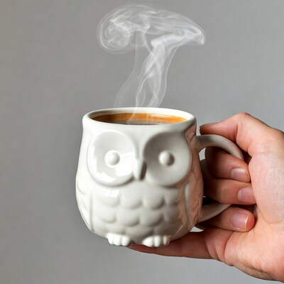 Hand holding owl coffee mug