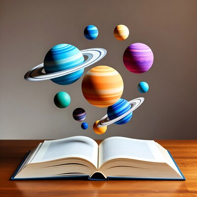 Open book with floating planets